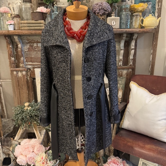 DANA BUCHMAN TWEED WOOL COAT | LEATHER BELTED | TRENCH | WINTER CREW JACKET - Picture 8 of 11